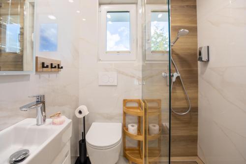 博希尼Apartment CRYSTAL AURA 1的浴室配有卫生间、盥洗盆和淋浴。