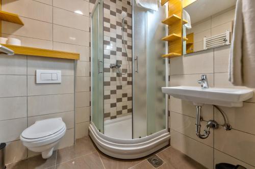 兹拉蒂博尔Apartments Kulturni centar Zlatibor的浴室配有卫生间、盥洗盆和淋浴。