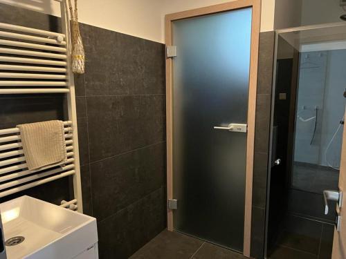 佩奇Aradi 6 Apartman Pécs的浴室设有玻璃淋浴间和水槽