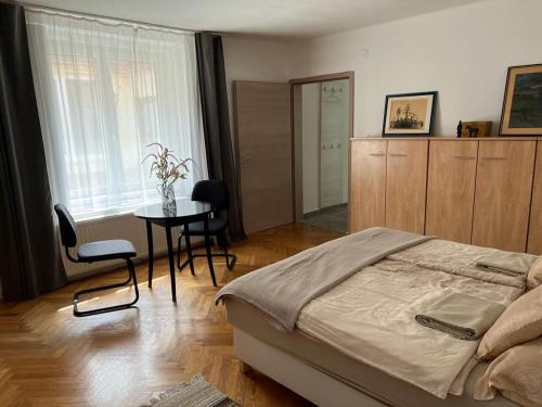 佩奇Aradi 6 Apartman Pécs的卧室配有一张床和一张桌子及椅子