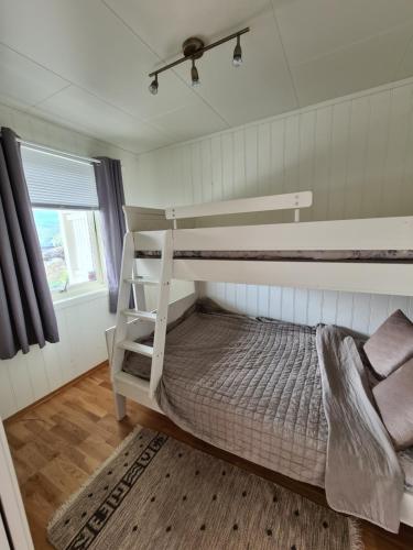 特罗姆瑟Aurora apartment in Kvaloya Tromso的一间卧室设有两张双层床和一扇窗户。
