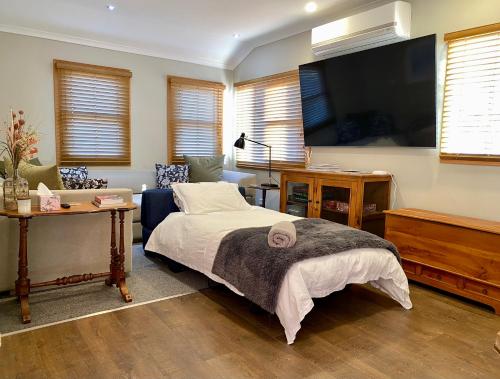 贝瑞黛尔The Kabbage的一间卧室配有一张床、一台电视和一张沙发