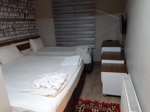卡尔斯Hotel Kafkasya的小型客房的两张床,设有楼梯