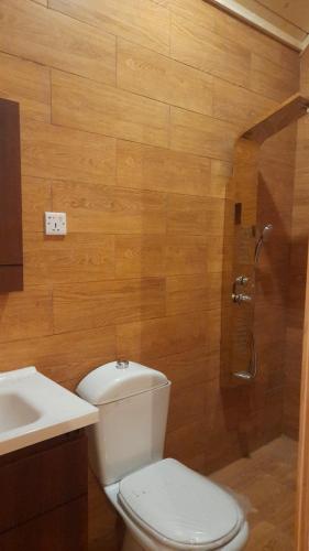 乌姆莱季Royal Tours Cottages的带淋浴、卫生间和盥洗盆的浴室