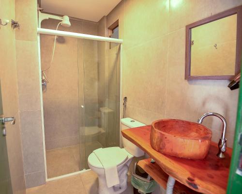 马拉戈日Cocco Pousada的一间带水槽、淋浴和卫生间的浴室