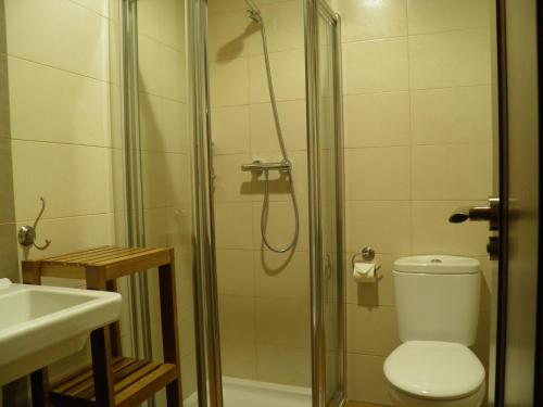 佩纳菲尔Apartamentos Turísticos Peñafiel的带淋浴、卫生间和盥洗盆的浴室