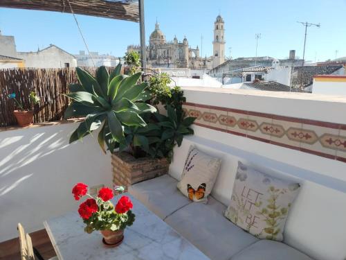 赫雷斯-德拉弗龙特拉La Gitanilla Alojamiento & Encanto Jerez的阳台的沙发,种植了植物和鲜花