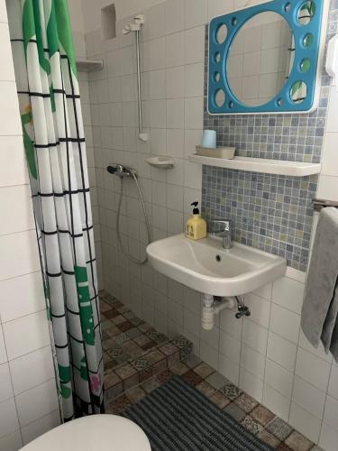 欧尔菲SunShine Apartman的一间带水槽、卫生间和镜子的浴室