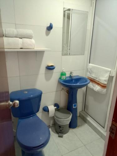 卡塔赫纳Alojamiento San Felipe的浴室设有蓝色的卫生间和水槽。