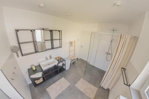 巴特萨尔茨乌夫伦Luxus Apartment Bad Salzuflen的享有带淋浴和盥洗盆的浴室的顶部景致。