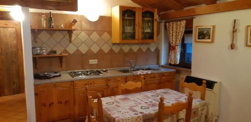 拉马格德莱伊内Casetta con camino的厨房配有桌子、水槽和炉灶。