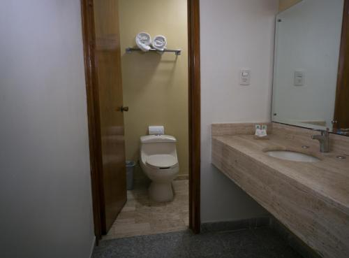 比亚埃尔莫萨Olmeca Plaza Urban Express的一间带卫生间、水槽和镜子的浴室