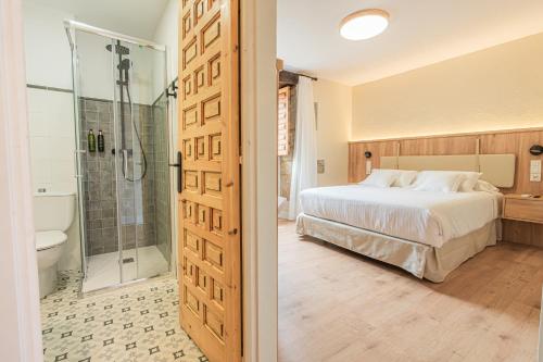 桑提亚纳德玛Hotel BESTPRICE Santillana的一间卧室配有一张床和淋浴,还有一间浴室