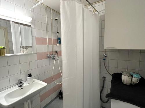 于韦斯屈莱Pearl of Helokka的浴室配有淋浴帘和盥洗盆。