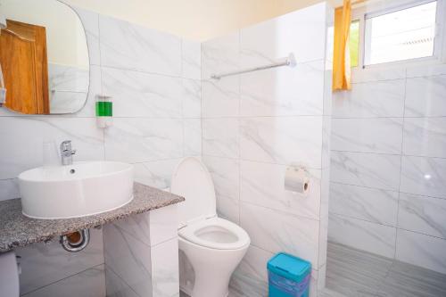 邦劳Alona Austria Resort的白色的浴室设有卫生间和水槽。