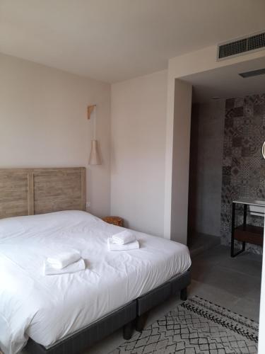 圣雷米普罗旺斯Apparts Et Lofts Bistrot Des Alpilles的卧室配有白色的床和两个枕头