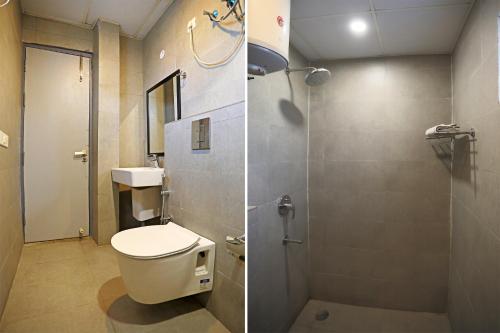 新德里Hotel Silver Velvet "Britannia Chowk- Couple Friendly Local ID Accepted"的浴室设有卫生间和淋浴,两幅图片