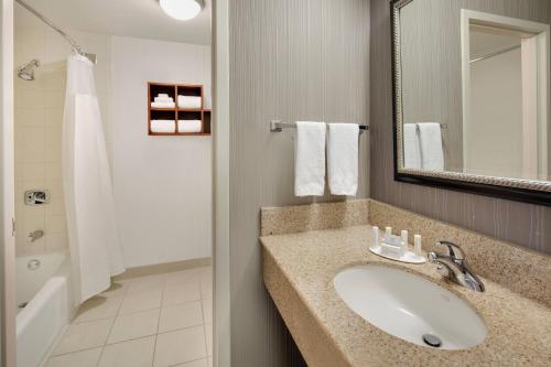 艾迪生中途岛达拉斯艾迪生酒店的浴室配有盥洗盆、镜子和浴缸