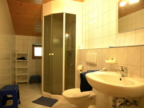 巴特欣德朗Haus Auerhahn的一间带水槽、卫生间和淋浴的浴室