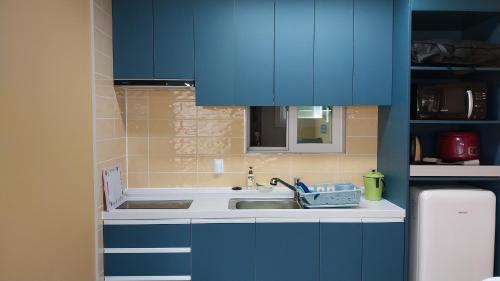 南海郡White House的厨房配有蓝色橱柜和水槽