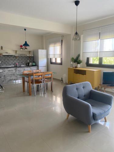 卡桑德里亚Aelia Villa的一间带蓝色沙发的客厅和一间厨房