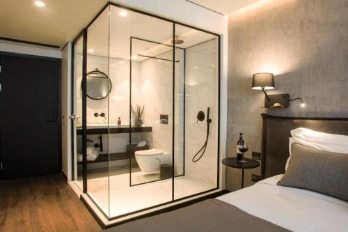 荷兹利亚丹尼尔荷兹利亚酒店的浴室设有玻璃淋浴间和卫生间。