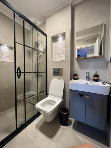 博德鲁姆Marina Beach Suites - Yalikavak的浴室配有卫生间、盥洗盆和淋浴。