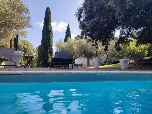 蒙彼利埃Bastide Castella的一座树木繁茂的庭院内的游泳池