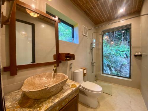 宁平Mường Village Ninh Bình的一间带石质水槽和卫生间的浴室