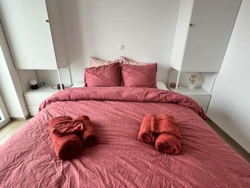 米德尔克尔克Gezinsappartement in Middelkerke - Noort-C的一张带红色毯子和枕头的床