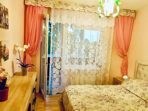 尤尔马拉Комната с лоджией у Татьяны的一间卧室设有一张床和一个窗口