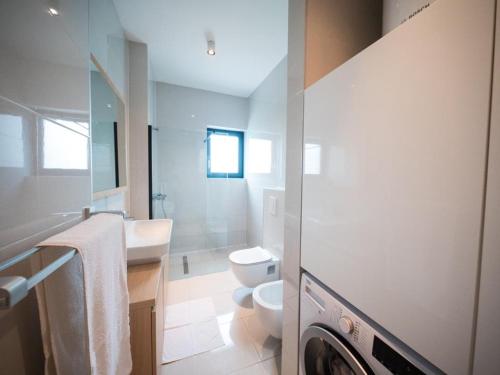 萨拉热窝Villa AURORA的浴室配有卫生间水槽和洗衣机。