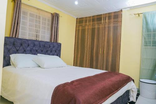 KisiiEntire Fully furnished Villas in Kisii的一间卧室配有一张带蓝色床头板的床和窗户