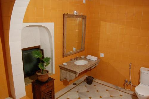 曼达瓦Hotel Chobdar Haveli的一间带水槽、卫生间和镜子的浴室