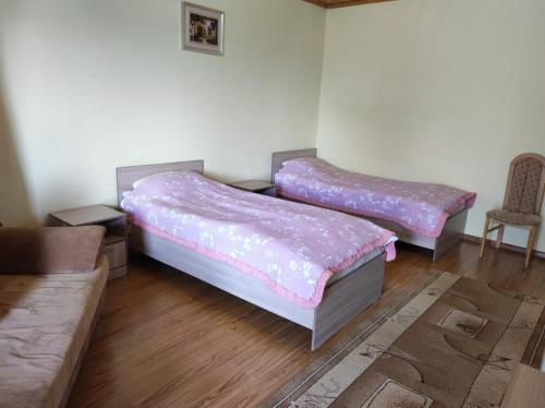乔尔蓬阿塔Осенний Звездопад的一张沙发和一把椅子的客房内的两张床