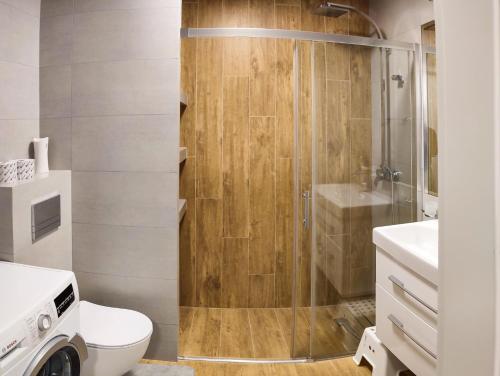 克拉科夫Apartment Szwed-Sniadowskiej Residence的带淋浴、卫生间和盥洗盆的浴室
