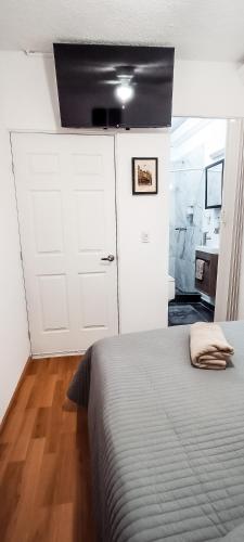墨西哥城C.-Habitación con baño privado / Centro de Coyoacan的卧室配有一张床和一个白色衣柜