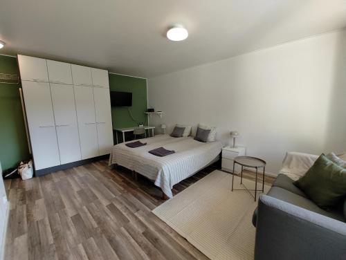 尼尔西艾New studio near amenities的一间卧室配有一张床和一张沙发