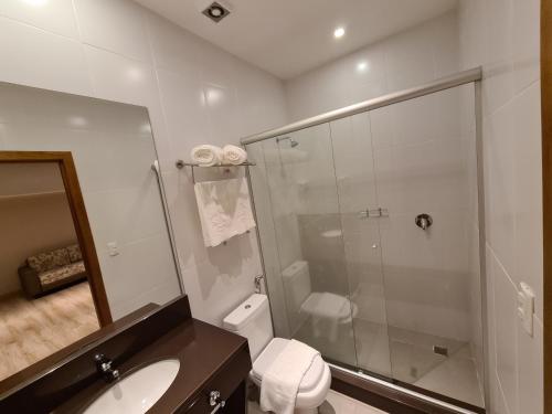格拉玛多Sky Borges Hotel Alpenhaus - Gramado的带淋浴、卫生间和盥洗盆的浴室