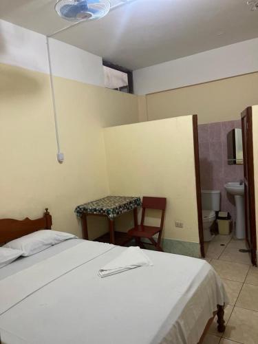 塔拉波托Alojamiento Grau的一间卧室配有一张床铺和一张桌子,还有一间浴室