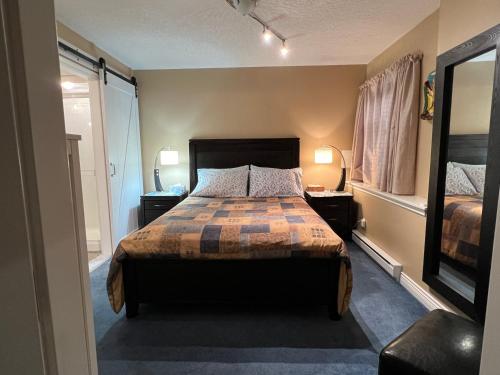 RoystonLittle Bear Garden View Suites-Hummingbird的一间卧室配有一张床、两盏灯和一个窗户。