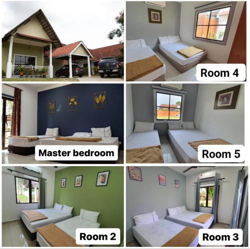 Kampong Alor GajahPoolhomestay Raudhah Intan的一张床位的房间和一张房间的照片有四张不同照片
