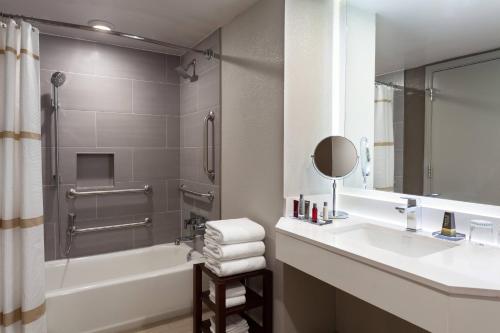 默特尔比奇Marriott Myrtle Beach Resort & Spa at Grande Dunes的一间带水槽、浴缸和镜子的浴室