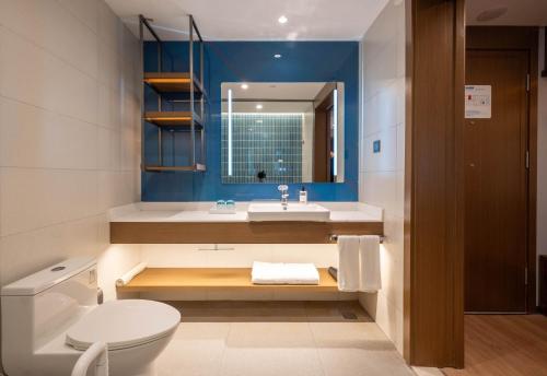 上海上海浦江联航路地铁站智选假日酒店的一间带卫生间、水槽和镜子的浴室