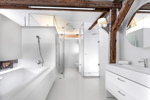 波兹南橘园公寓的白色的浴室设有水槽和淋浴。