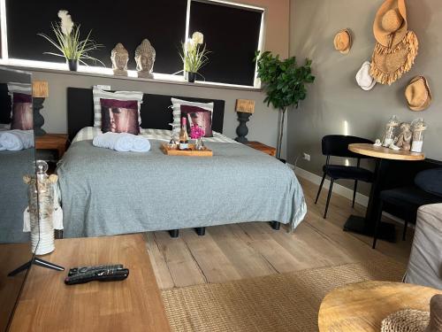 海滨诺德韦克马丁一室公寓民宿的一间卧室配有一张带紫色枕头的床