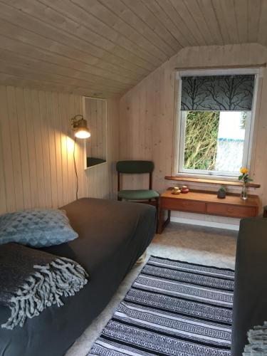 IdestrupStunning Romantic Cabin close to Baltic see的一间卧室配有一张床、一张书桌和一个窗户。
