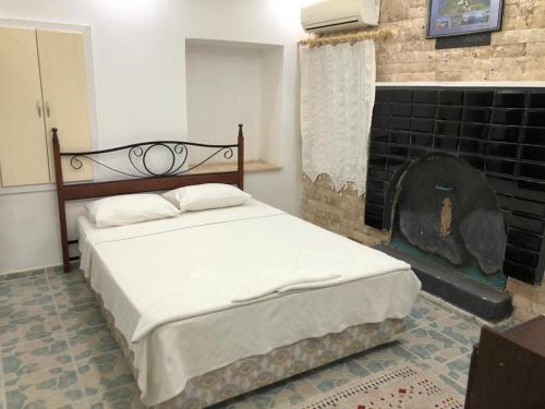 EmecikHALİSE APART的一间卧室设有一张床和一个壁炉