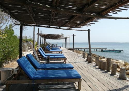 格兰德岛Centro Ubuntu的木甲板上一排蓝色沙滩椅