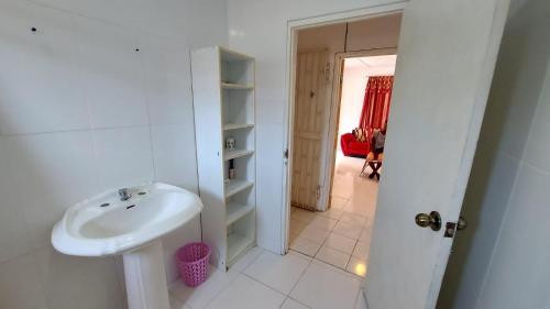 BelfastBeautiful 1-Bedroom in St Thomas Jamaica的一间带水槽的白色浴室和一间房间
